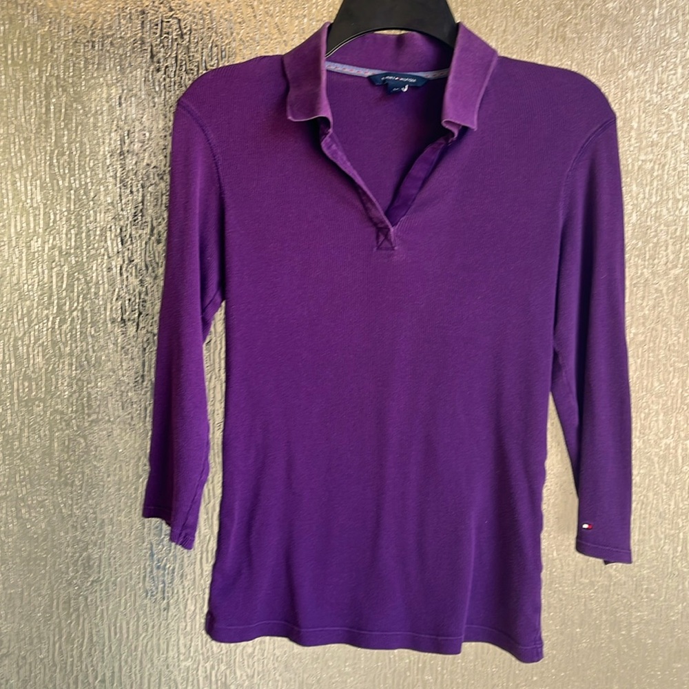 Tommy Hilfiger small purple v neck sweater with collar